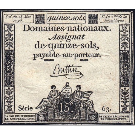 Assignat 41b - 15 sols - 23 mai 1793 - Série 63 - Filigrane républicain - Etat : TTB