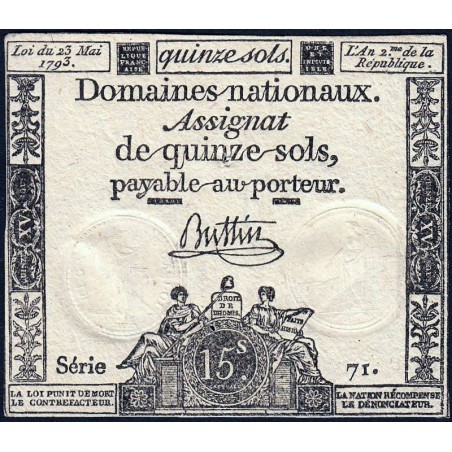 Assignat 41b - 15 sols - 23 mai 1793 - Série 71 - Filigrane républicain - Etat : SUP