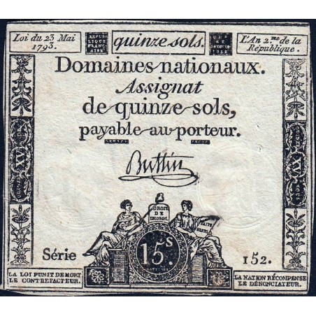 Assignat 41b - 15 sols - 23 mai 1793 - Série 152 - Filigrane républicain - Etat : TTB