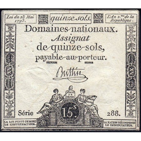 Assignat 41b - 15 sols - 23 mai 1793 - Série 288 - Filigrane républicain - Etat : TTB-