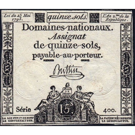 Assignat 41b - 15 sols - 23 mai 1793 - Série 400 - Filigrane républicain - Etat : TTB