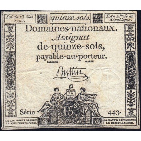 Assignat 41b - 15 sols - 23 mai 1793 - Série 443 - Filigrane républicain - Etat : TB