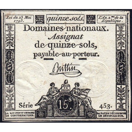 Assignat 41b - 15 sols - 23 mai 1793 - Série 453 - Filigrane républicain - Etat : TTB-