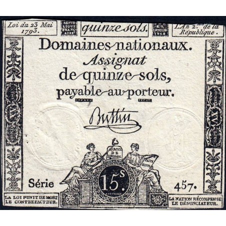 Assignat 41b - 15 sols - 23 mai 1793 - Série 457 - Filigrane républicain - Etat : TB-