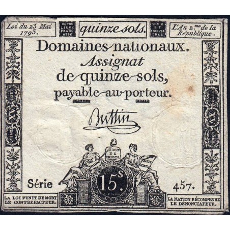 Assignat 41b - 15 sols - 23 mai 1793 - Série 457 - Filigrane républicain - Etat : TB