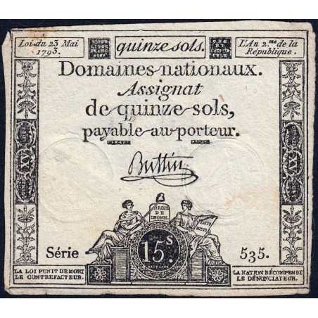 Assignat 41b - 15 sols - 23 mai 1793 - Série 535 - Filigrane républicain - Etat : TB