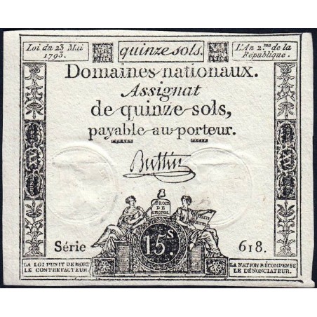 Assignat 41b - 15 sols - 23 mai 1793 - Série 618 - Filigrane républicain - Etat : SUP