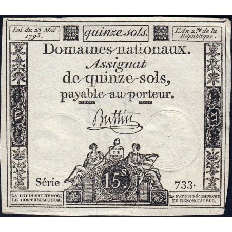 Assignat 41b - 15 sols - 23 mai 1793 - Série 733 - Filigrane républicain - Etat : TTB+