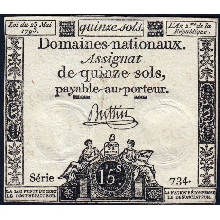 Assignat 41b - 15 sols - 23 mai 1793 - Série 734 - Filigrane républicain - Etat : TB+