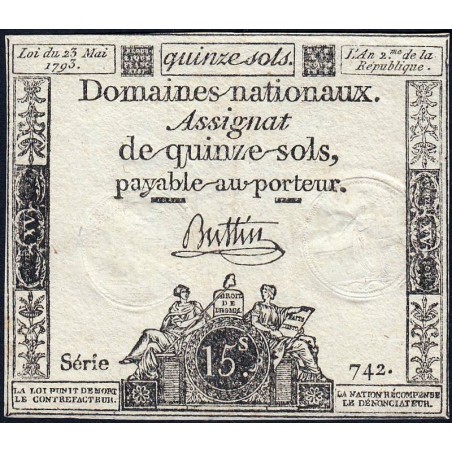 Assignat 41b - 15 sols - 23 mai 1793 - Série 742 - Filigrane républicain - Etat : TTB+