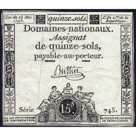 Assignat 41b - 15 sols - 23 mai 1793 - Série 745 - Filigrane républicain - Etat : TB+