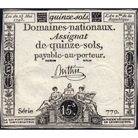 Assignat 41b - 15 sols - 23 mai 1793 - Série 770 - Filigrane républicain - Etat : TB+