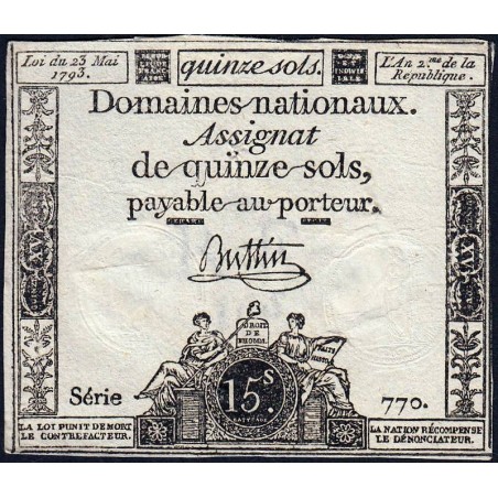 Assignat 41b - 15 sols - 23 mai 1793 - Série 770 - Filigrane républicain - Etat : TB+