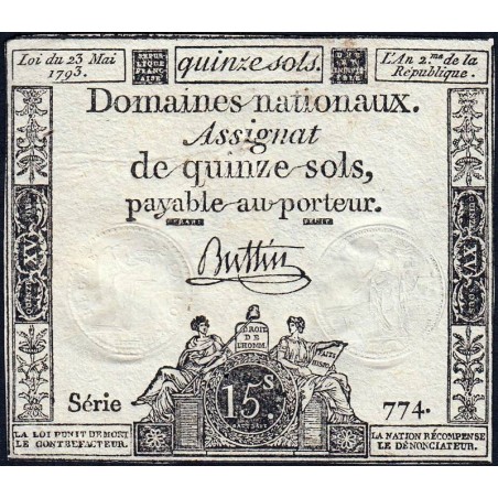 Assignat 41b - 15 sols - 23 mai 1793 - Série 774 - Filigrane républicain - Etat : TTB