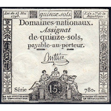 Assignat 41b - 15 sols - 23 mai 1793 - Série 780 - Filigrane républicain - Etat : TTB+