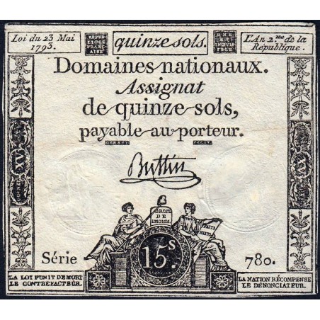 Assignat 41b - 15 sols - 23 mai 1793 - Série 780 - Filigrane républicain - Etat : TTB+