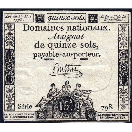 Assignat 41b - 15 sols - 23 mai 1793 - Série 798 - Filigrane républicain - Etat : TTB