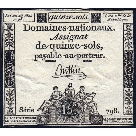 Assignat 41b - 15 sols - 23 mai 1793 - Série 798 - Filigrane républicain - Etat : TB