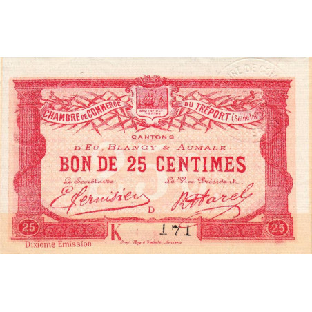 Le Tréport - Pirot 71-39 - 25 centimes - Lettre D - Série K - 10e émission - 1918 - Petit numéro - Etat : SUP+