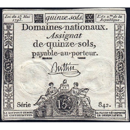 Assignat 41b - 15 sols - 23 mai 1793 - Série 842 - Filigrane républicain - Etat : TTB+