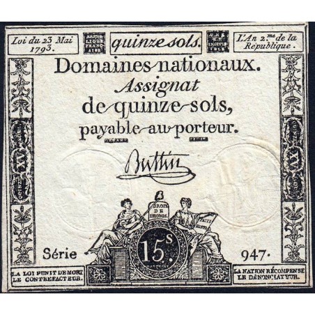 Assignat 41b - 15 sols - 23 mai 1793 - Série 947 - Filigrane républicain - Etat : TB+