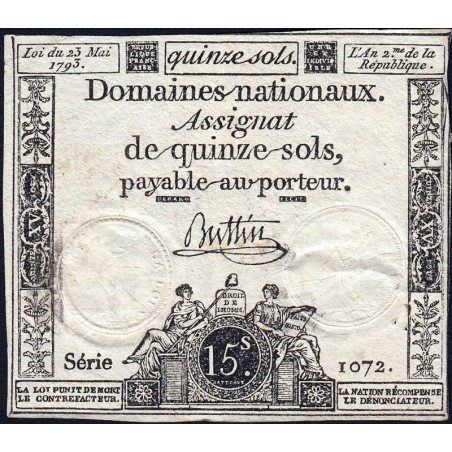 Assignat 41b - 15 sols - 23 mai 1793 - Série 1072 - Filigrane républicain - Etat : TB+