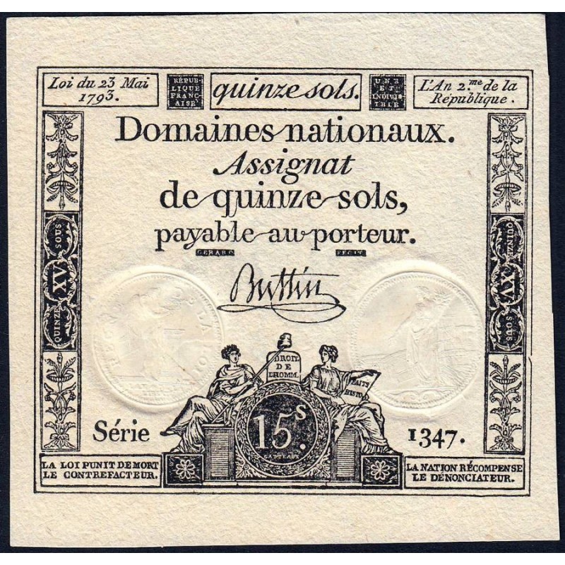 Assignat 41b - 15 sols - 23 mai 1793 - Série 1347 - Filigrane républicain - Etat : NEUF