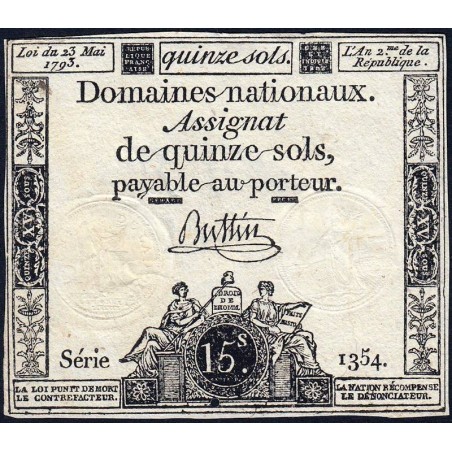 Assignat 41b - 15 sols - 23 mai 1793 - Série 1354 - Filigrane républicain - Etat : TTB