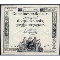 Assignat 41b - 15 sols - 23 mai 1793 - Série 1416 - Filigrane républicain - Etat : SUP