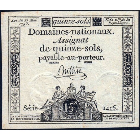 Assignat 41b - 15 sols - 23 mai 1793 - Série 1416 - Filigrane républicain - Etat : SUP