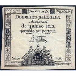 Assignat 41b - 15 sols - 23 mai 1793 - Série 1416 - Filigrane républicain - Etat : TB+