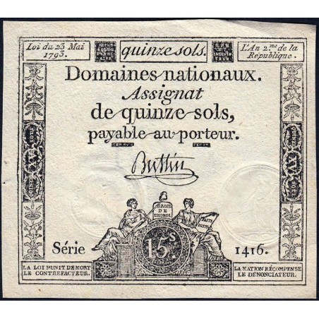 Assignat 41b - 15 sols - 23 mai 1793 - Série 1416 - Filigrane républicain - Etat : SUP