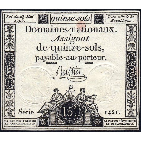 Assignat 41b - 15 sols - 23 mai 1793 - Série 1421 - Filigrane républicain - Etat : TTB+