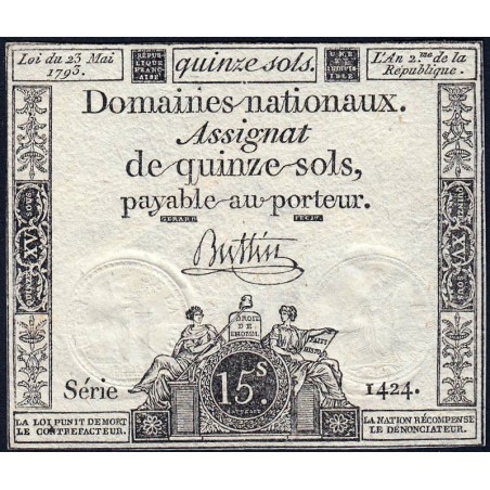 Assignat 41b - 15 sols - 23 mai 1793 - Série 1424 - Filigrane républicain - Etat : SUP