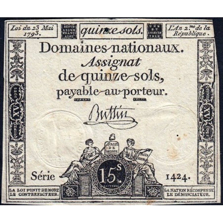 Assignat 41b - 15 sols - 23 mai 1793 - Série 1424 - Filigrane républicain - Etat : TB