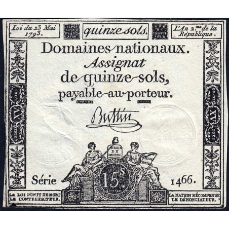 Assignat 41b - 15 sols - 23 mai 1793 - Série 1466 - Filigrane républicain - Etat : TTB+