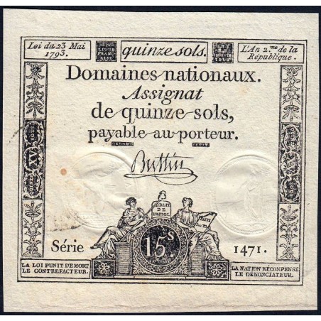 Assignat 41b - 15 sols - 23 mai 1793 - Série 1471 - Filigrane républicain - Etat : TTB+