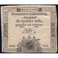 Assignat 41b - 15 sols - 23 mai 1793 - Série 1528 - Filigrane républicain - Etat : TB-