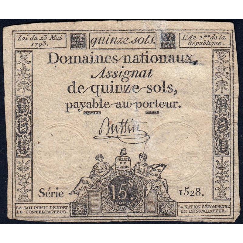 Assignat 41b - 15 sols - 23 mai 1793 - Série 1528 - Filigrane républicain - Etat : TB-