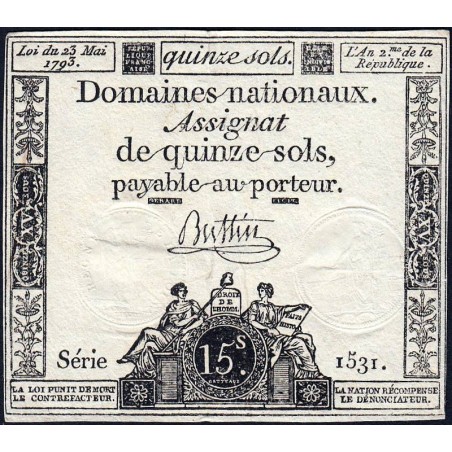 Assignat 41b - 15 sols - 23 mai 1793 - Série 1531 - Filigrane républicain - Etat : TTB+