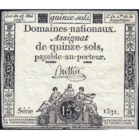 Assignat 41b - 15 sols - 23 mai 1793 - Série 1531 - Filigrane républicain - Etat : TTB