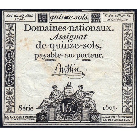 Assignat 41b - 15 sols - 23 mai 1793 - Série 1603 - Filigrane républicain - Etat : TB+