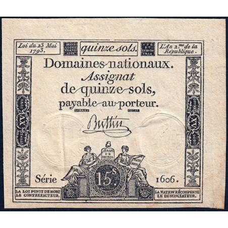 Assignat 41b - 15 sols - 23 mai 1793 - Série 1606 - Filigrane républicain - Etat : SUP