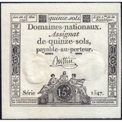 Assignat 41b - 15 sols - 23 mai 1793 - Série 1547 - Filigrane républicain - Etat : NEUF