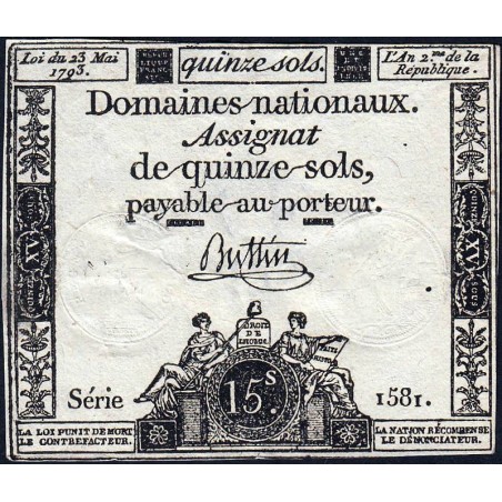 Assignat 41b - 15 sols - 23 mai 1793 - Série 1581 - Filigrane républicain - Etat : TTB