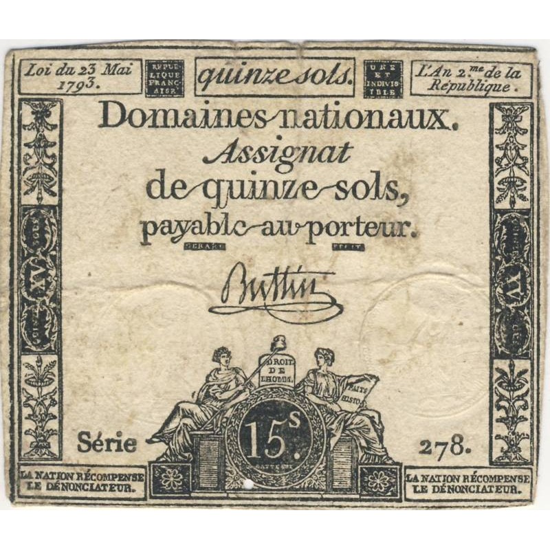 Assignat 41b-v1 - 15 sols - 23 mai 1793 - Série 278 - Variété au niveau des blocs de texte - Etat : TB
