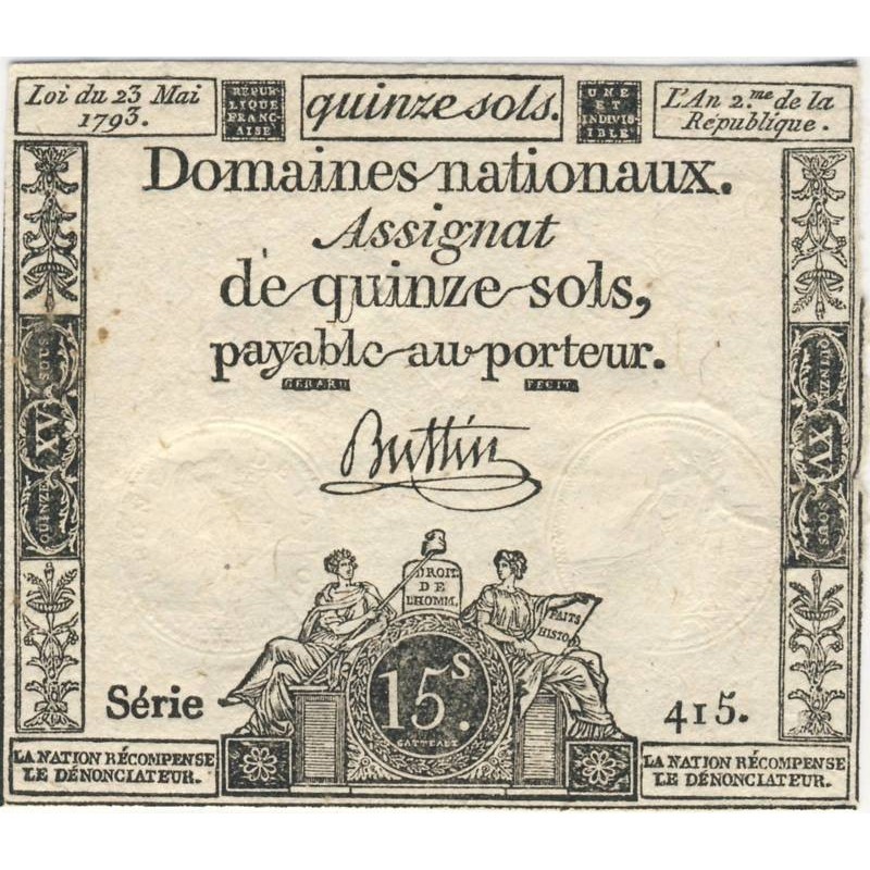 Assignat 41b-v1 - 15 sols - 23 mai 1793 - Série 415 - Variété au niveau des blocs de texte - Etat : TTB