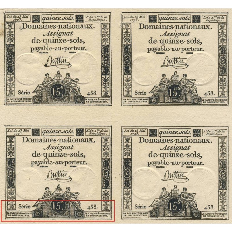 Assignat 41b-v1 - 15 sols - 23 mai 1793 - Série 458 - Variété au niveau des blocs de texte - Etat : SPL