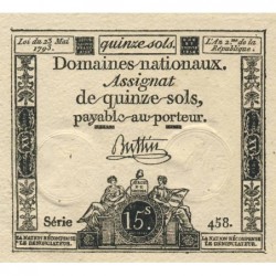Assignat 41b-v1 - 15 sols - 23 mai 1793 - Série 458 - Variété au niveau des blocs de texte - Etat : SPL