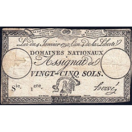 Assignat 25a - 25 sols - 4 janvier 1792 - Série 1 - Etat : TB-